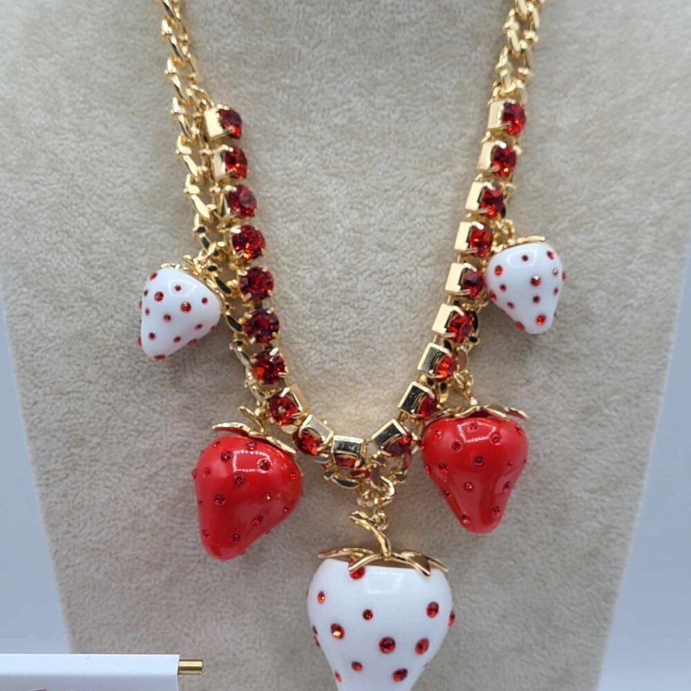 Betsey Johnson Enamel Red Crystal Strawberry Necklace & Earring Set NWT! NEW! - Picture 10 of 12